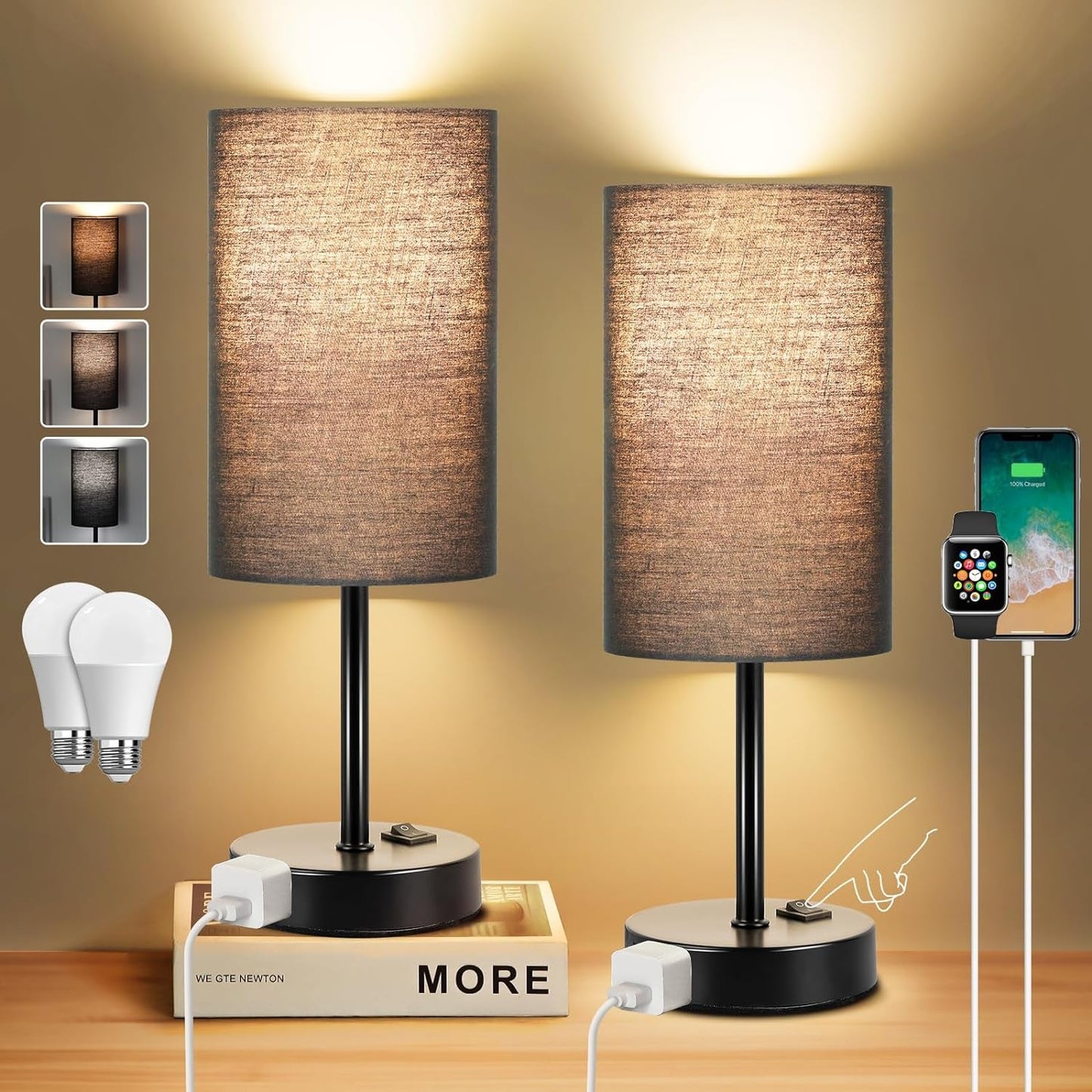 Table Lamp for Bedroom Set of 2, Bedside Small Lamps with 3 Way