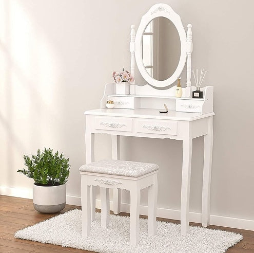 Vanity Table Set With 4 Drawer, Makeup Dressing Table W  Cushioned