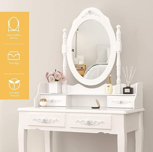 Vanity Table Set With 4 Drawer, Makeup Dressing Table W  Cushioned