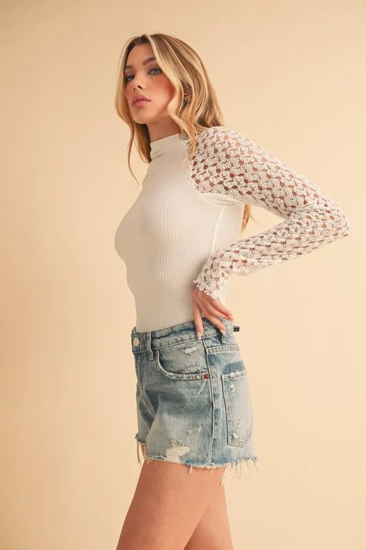 Aemi + Co Mock Neck Lace Long Sleeve Knit Top - Liv&Maddie