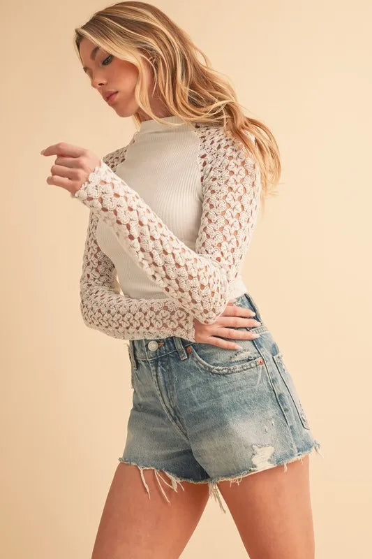 Aemi + Co Mock Neck Lace Long Sleeve Knit Top - Liv&Maddie