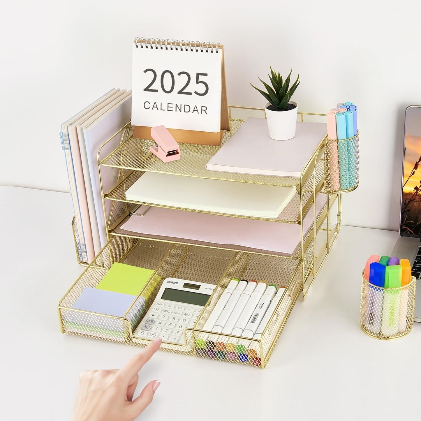 Paper Letter Tray Organizer with File Holder, 4-Tier Desk Accessories