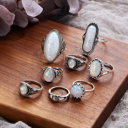 8 Piece Opal Created Oxidized Ring Set With Austrian Crystals 18K