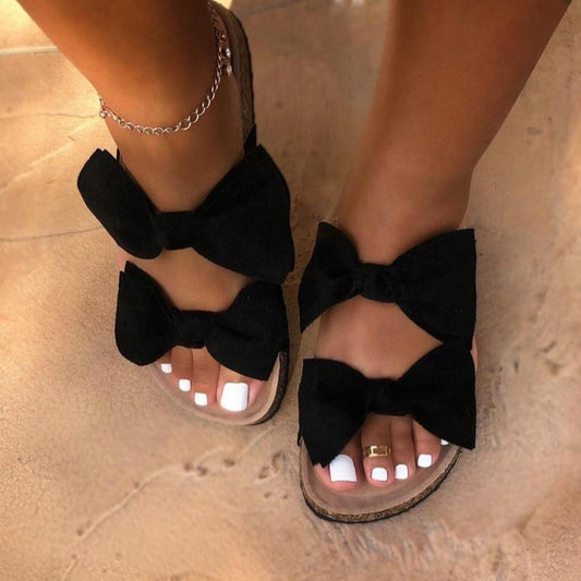 Women Slides 2 Straps Comfy Bow Slide Sandals Black