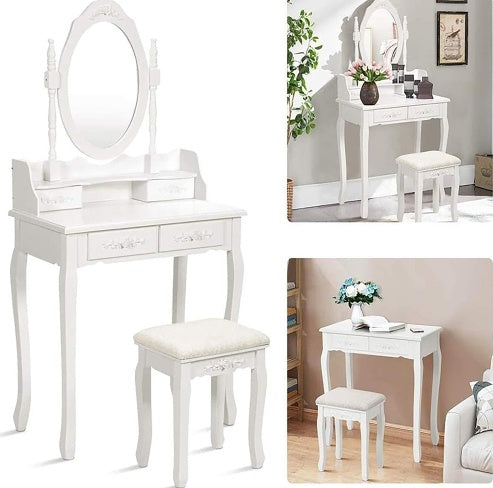 Vanity Table Set With 4 Drawer, Makeup Dressing Table W  Cushioned